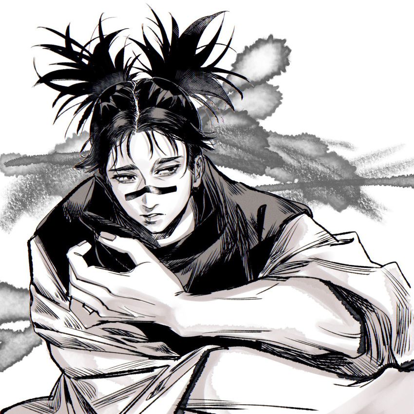 1boy, bangs, choso_(jujutsu_kaisen), dm_0820, facial_tattoo, greyscale, highres, japanese_clothes