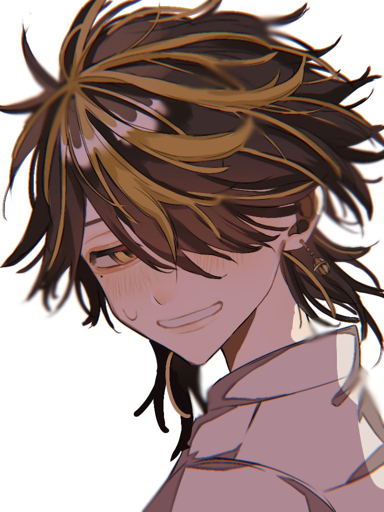 1boy, bangs, bell, black_hair, blonde_hair, blush, earrings, hair_over_one_eye, hanemiya_kazutora, jacket, jewelry, kyou_123, looking_at_viewer, male_focus, mole, mole_under_eye, short_hair, simple_background, single_earring, solo, sweatdrop, tokyo_revengers, upper_body, white_background, white_jacket, yellow_eyes
