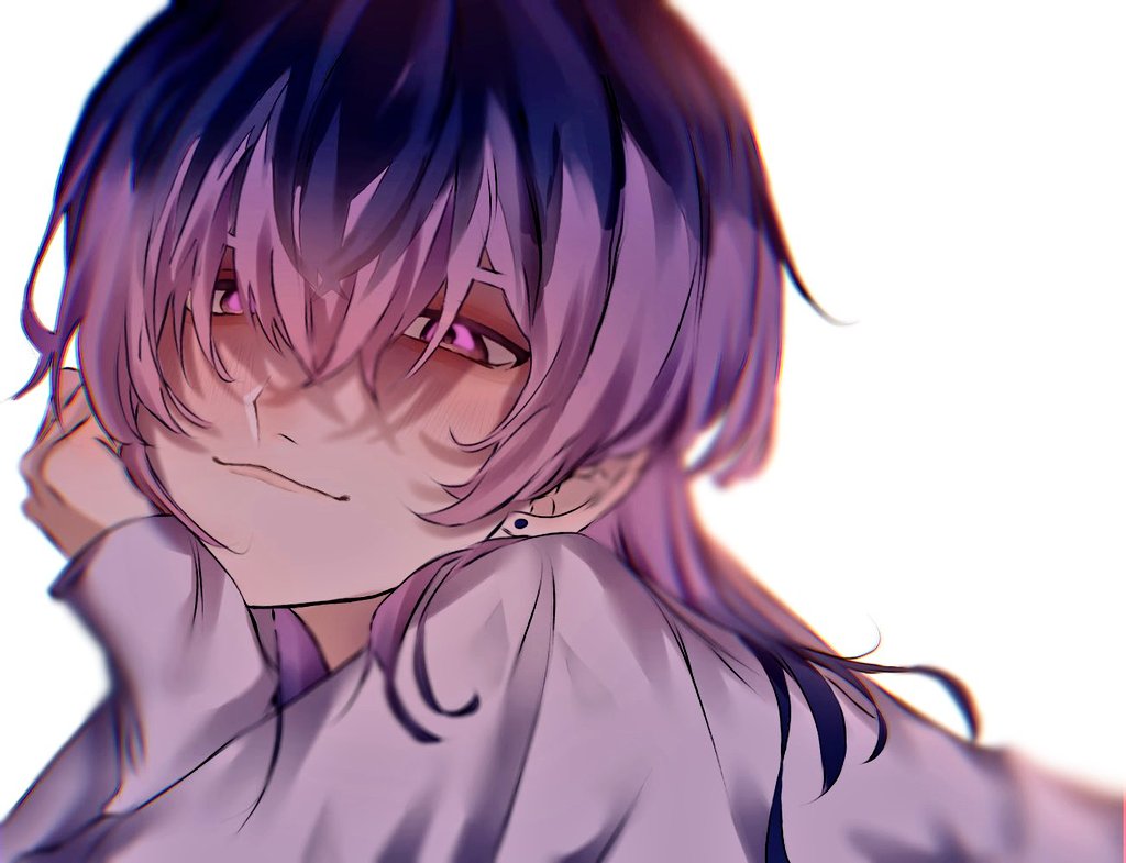 1boy, bangs, closed_mouth, ear_piercing, hair_between_eyes, haitani_rindou, head_rest, kyou_123