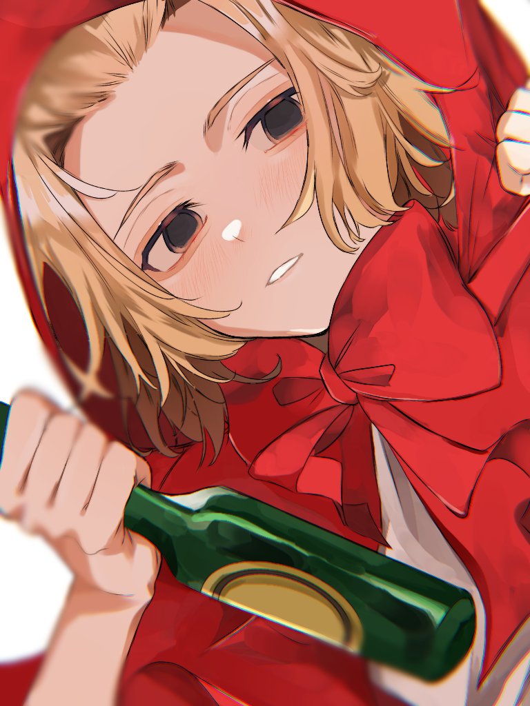 1boy, black_eyes, blonde_hair, blush, bottle, cosplay, empty_eyes, forehead