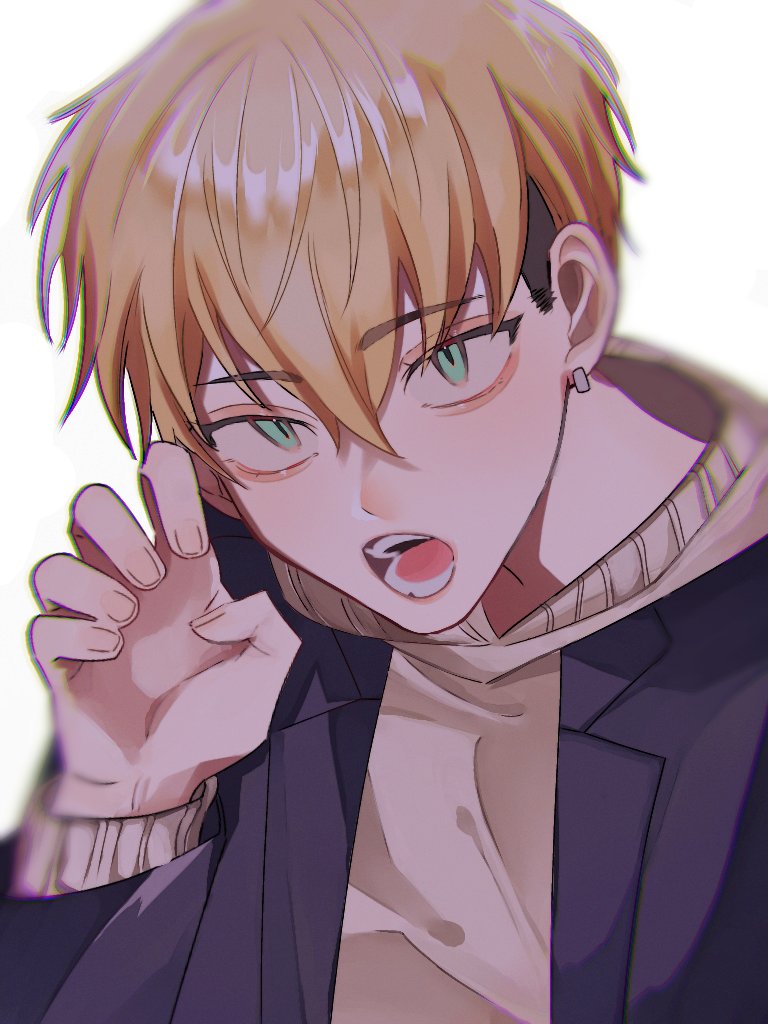 1boy, black_hair, black_jacket, blonde_hair, blue_eyes, earrings, eyebrows_visible_through_hair, hand_up