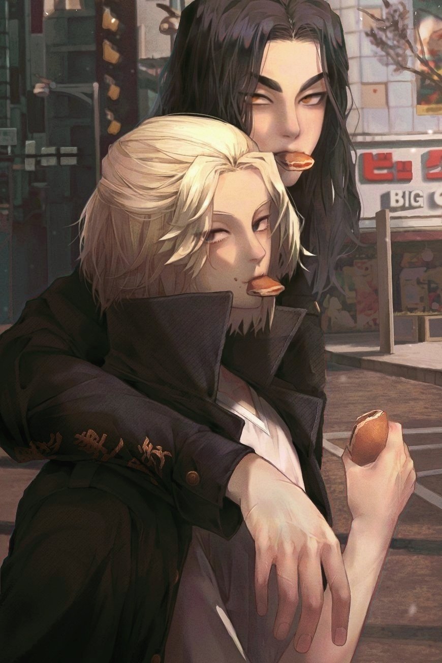 2boys, 90_un, arm_around_shoulder, baji_keisuke, black_eyes, black_hair, black_jacket, blonde_hair