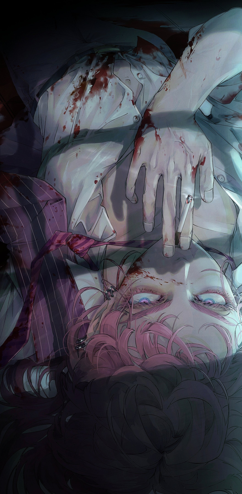 1boy, 90_un, absurdres, bangs, blood, blood_on_clothes, blood_on_face, cigarette