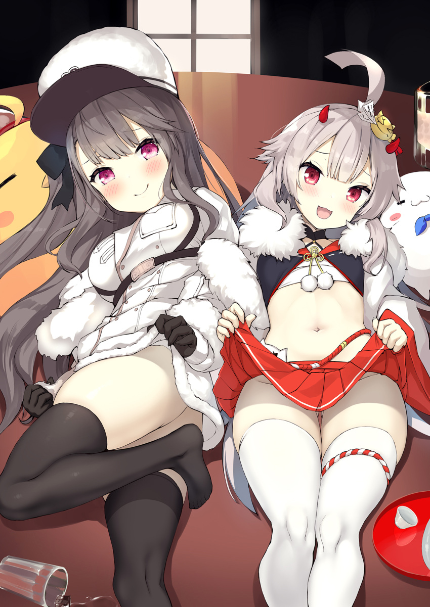 2girls, :d, ahoge, ass, ass_visible_through_thighs, azur_lane, bangs, black_gloves