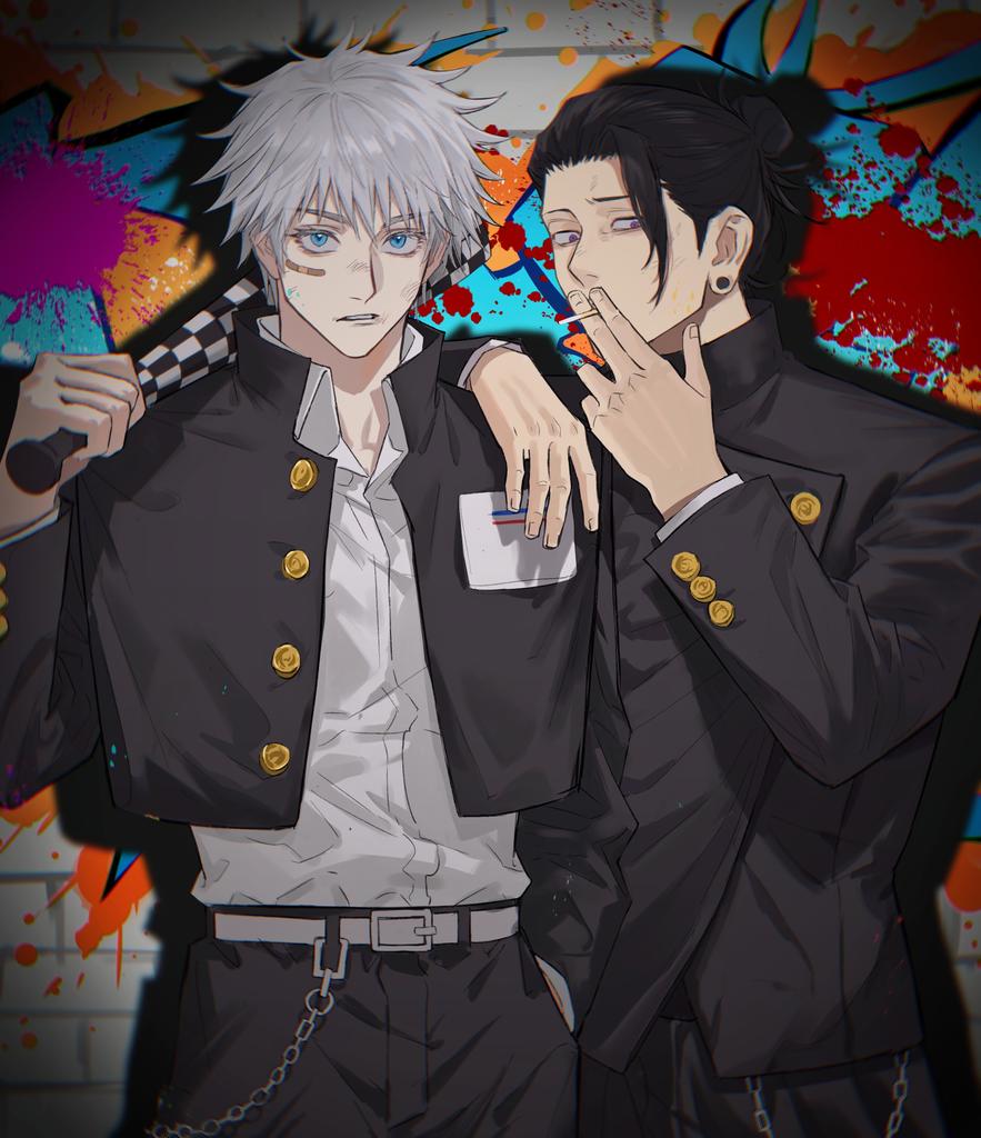 2boys, arm_on_shoulder, bandaid, bandaid_on_face, bangs, baseball_bat, belt, black_hair