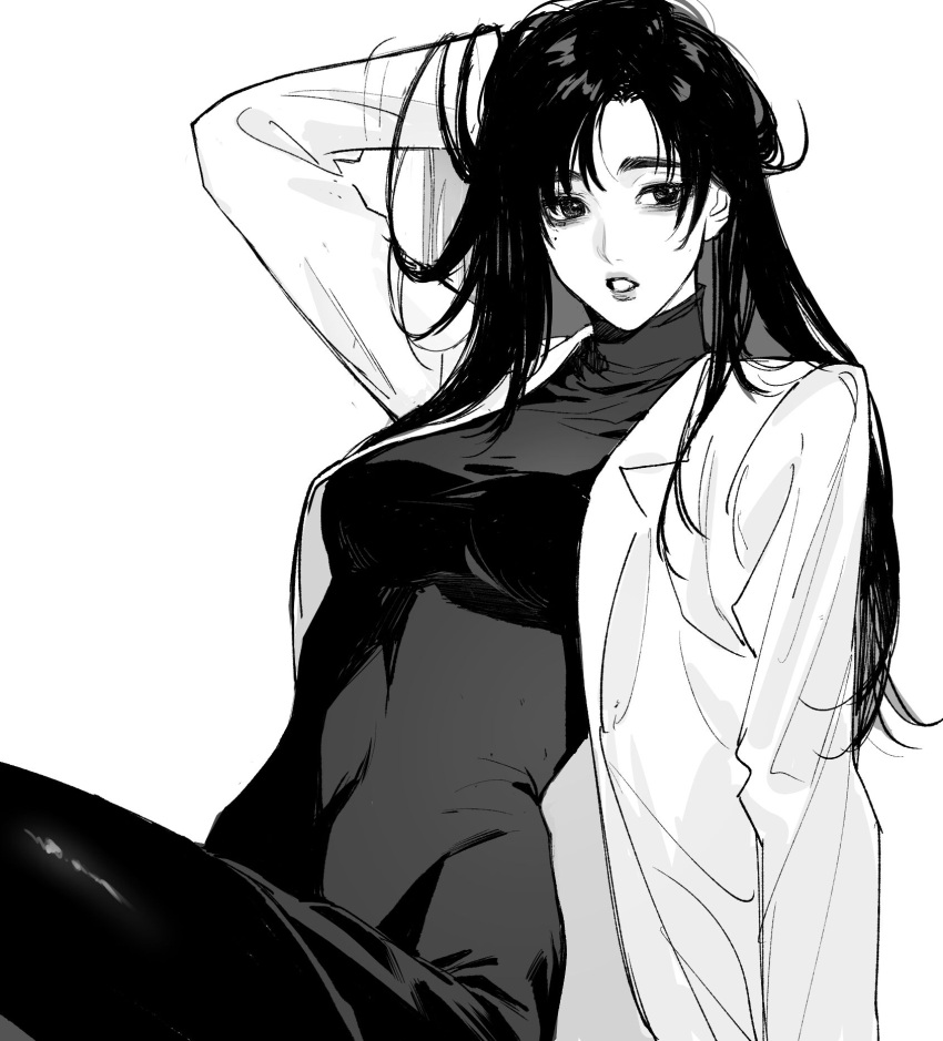 1girl, arm_up, bangs, coat, cowboy_shot, greyscale, highres, ieiri_shoko
