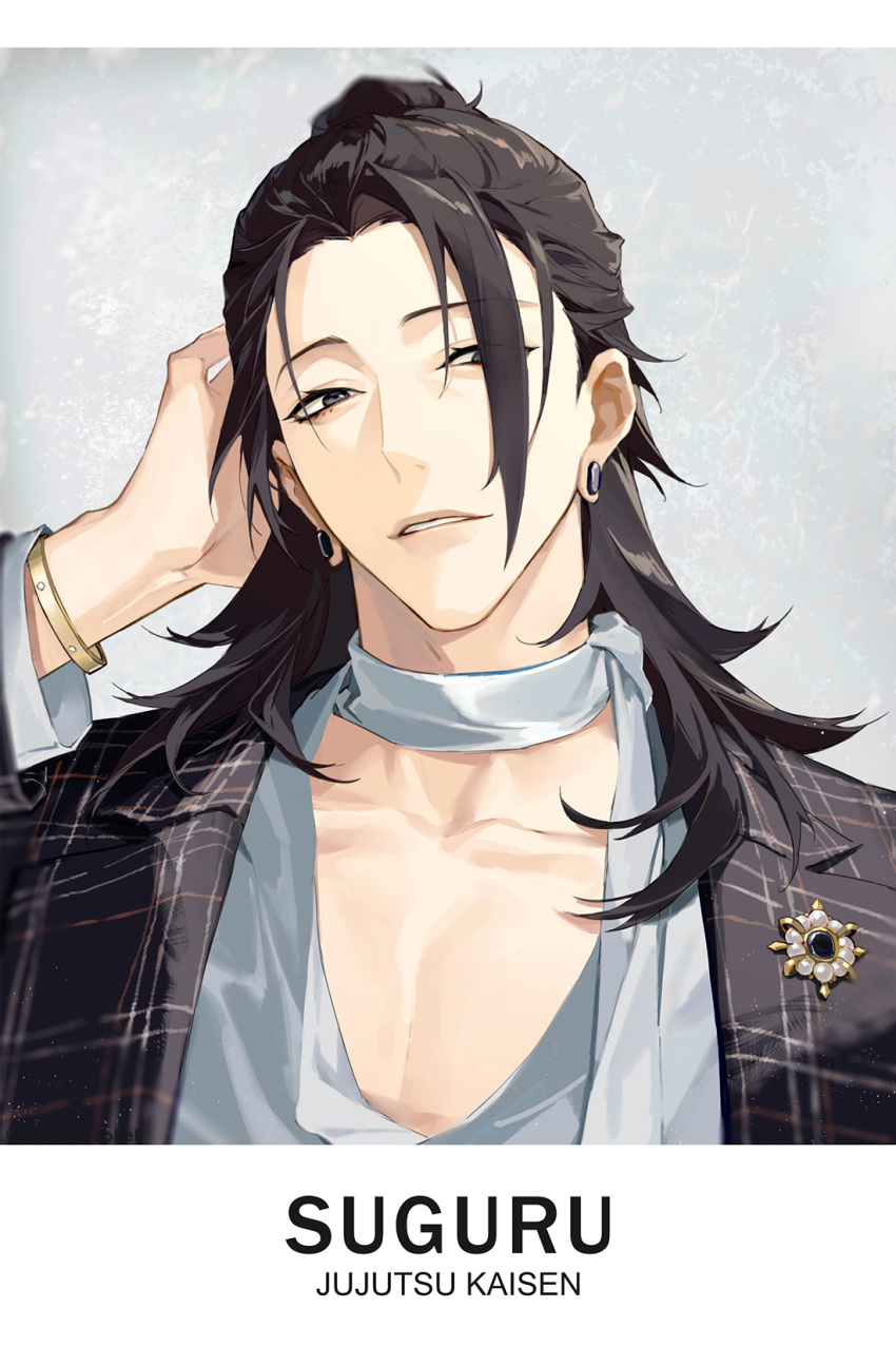 1boy, bangs, black_eyes, black_hair, black_jacket, character_name, collarbone, copyright_name, ear_piercing, getou_suguru, grey_background, hair_bun, hand_up, highres, jacket, jujutsu_kaisen, letterboxed, long_hair, long_sleeves, looking_at_viewer, male_focus, parted_lips, piercing, pin, ru_(famia), shirt, solo, upper_body, white_neckwear, white_shirt