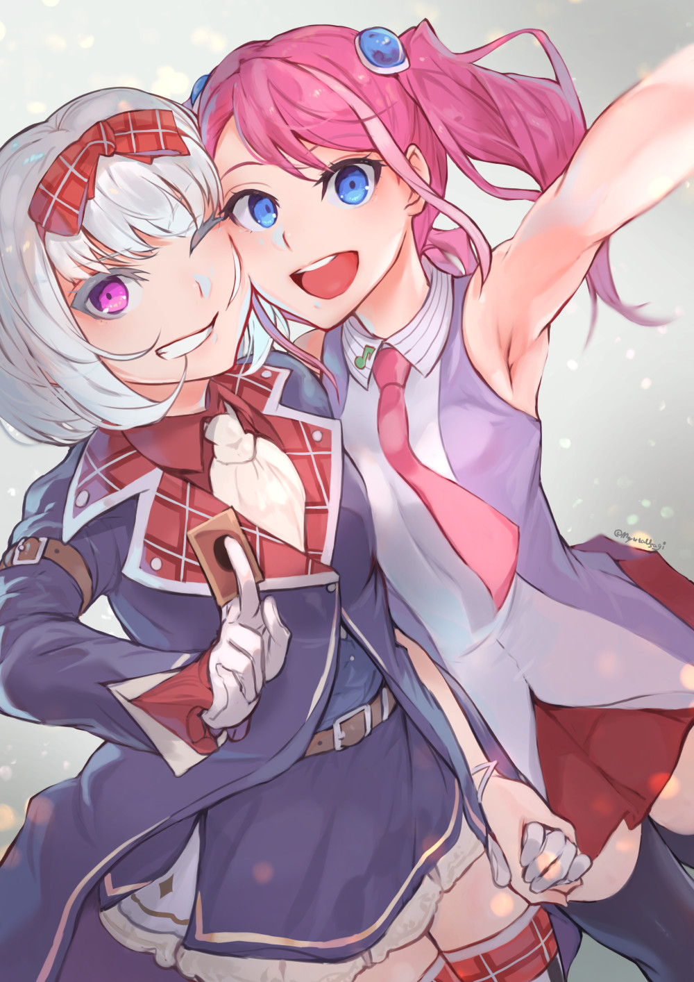 2girls, :d, arm_belt, armpits, azur_lane, bangs, bare_shoulders, belt