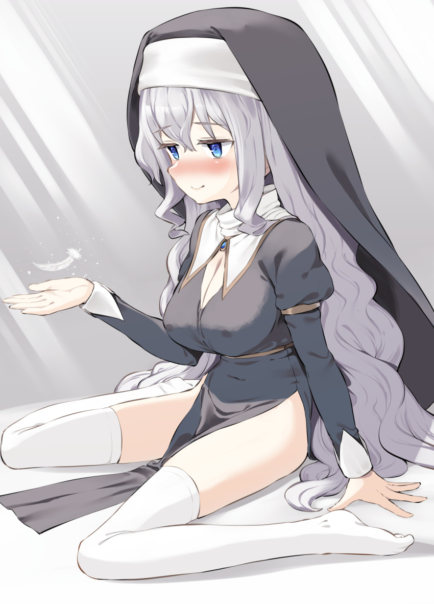 1girl, blush, breasts, feathers, grey_hair, highres, large_breasts, nun