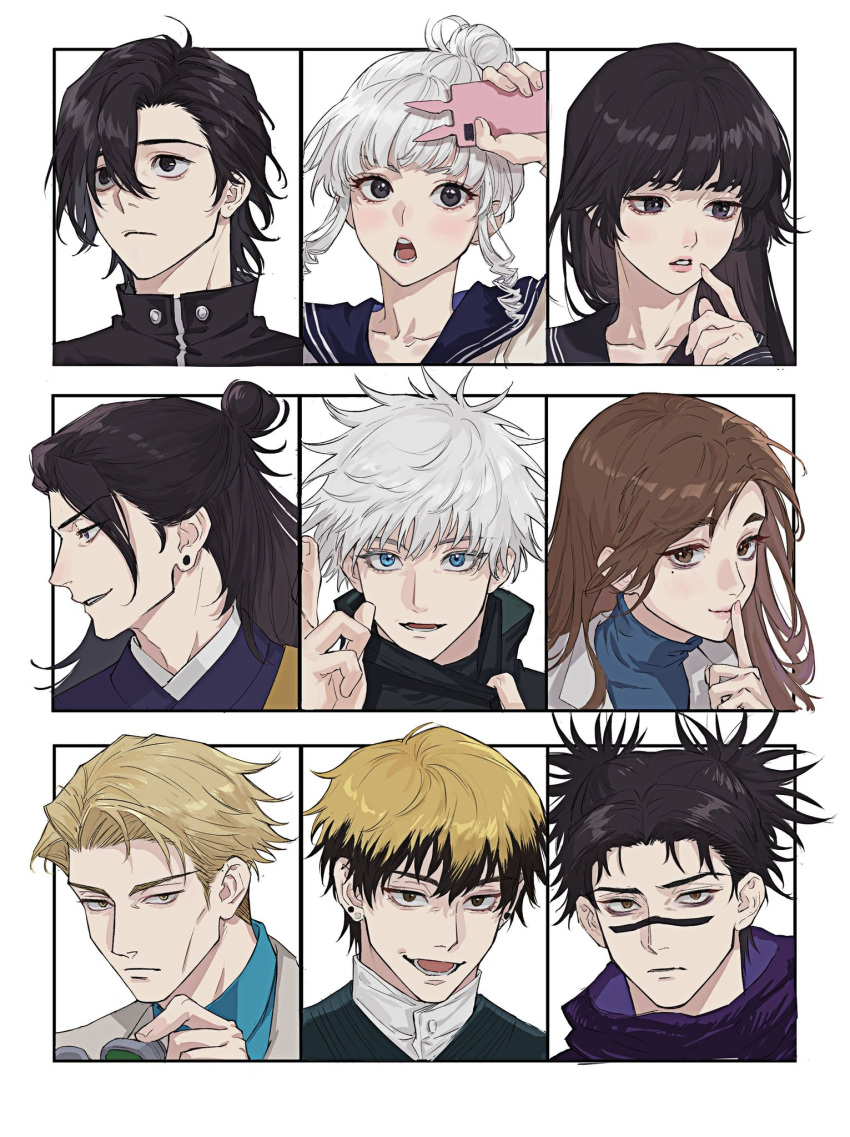 3girls, 6+boys, bangs, black_blindfold, black_eyes, black_hair, black_jacket, blindfold