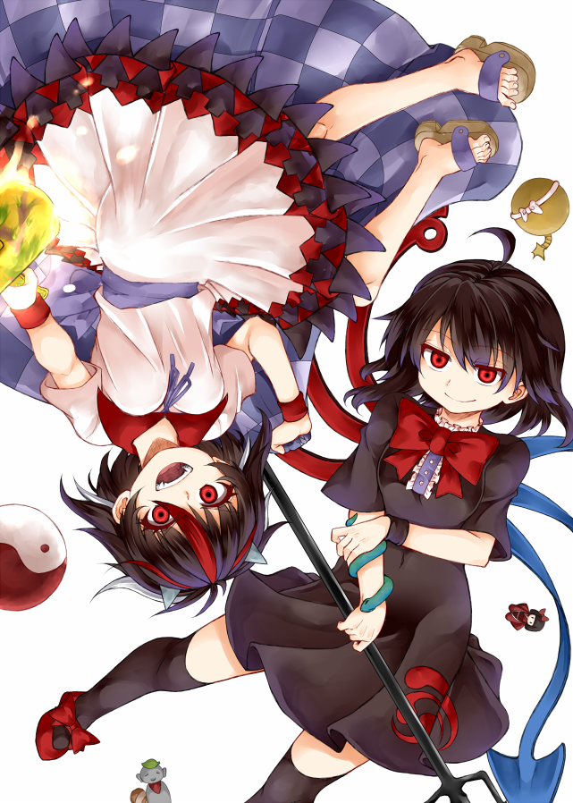 2girls, ahoge, arrow_print, asymmetrical_wings, bare_legs, bare_shoulders, black_dress, black_hair