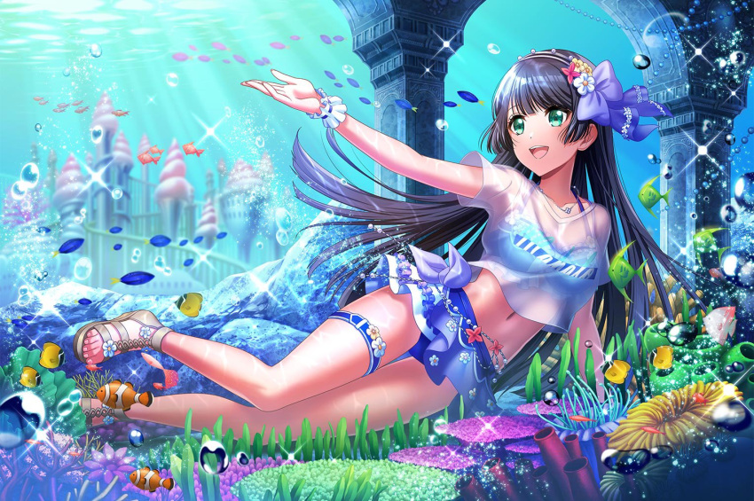 1girl, black_hair, blue_eyes, blush, d4dj, long_hair, smile, swimsuit