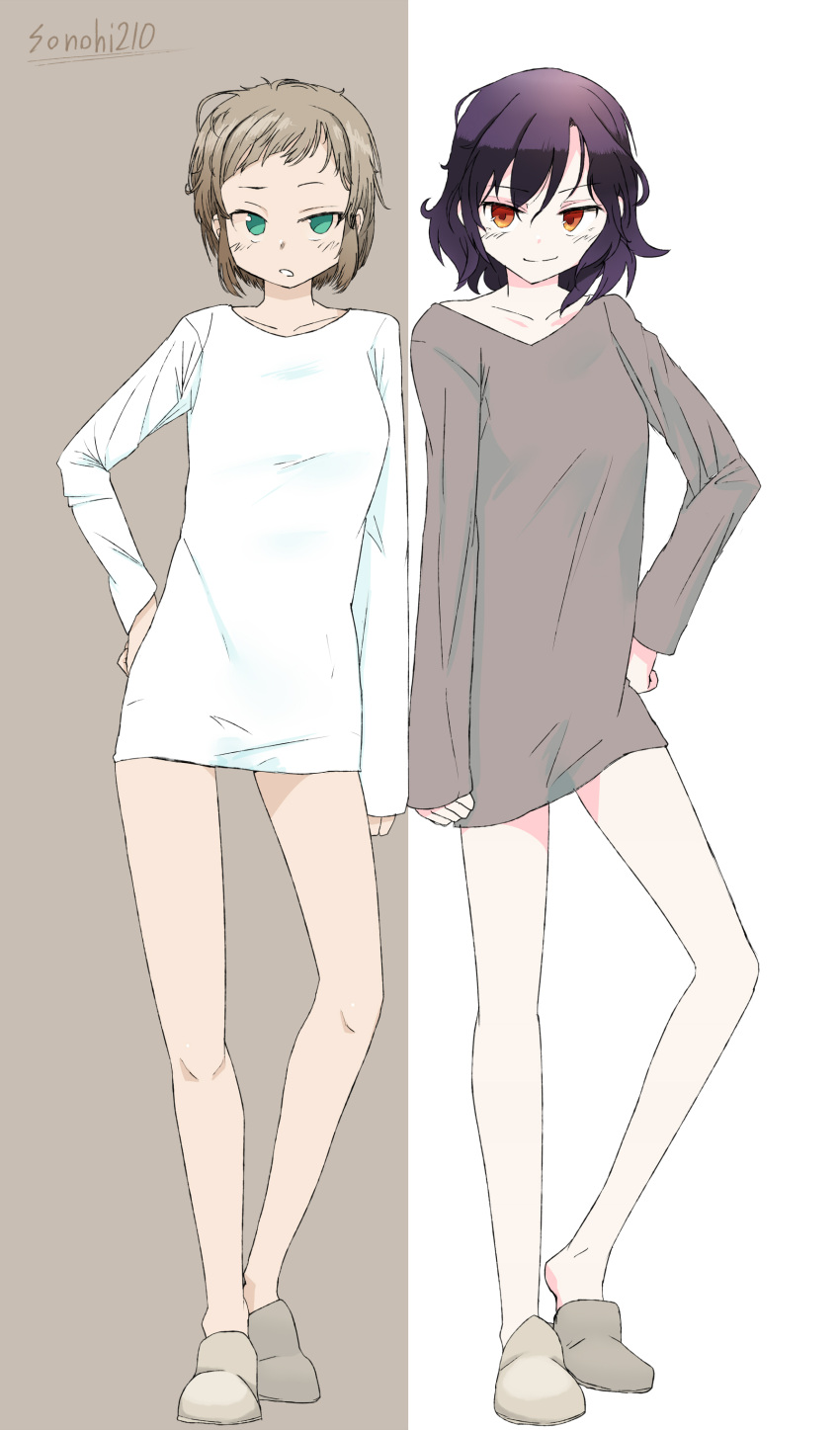 2girls, absurdres, black_hair, green_eyes, green_hair, grey_shirt, highres, long_sleeves