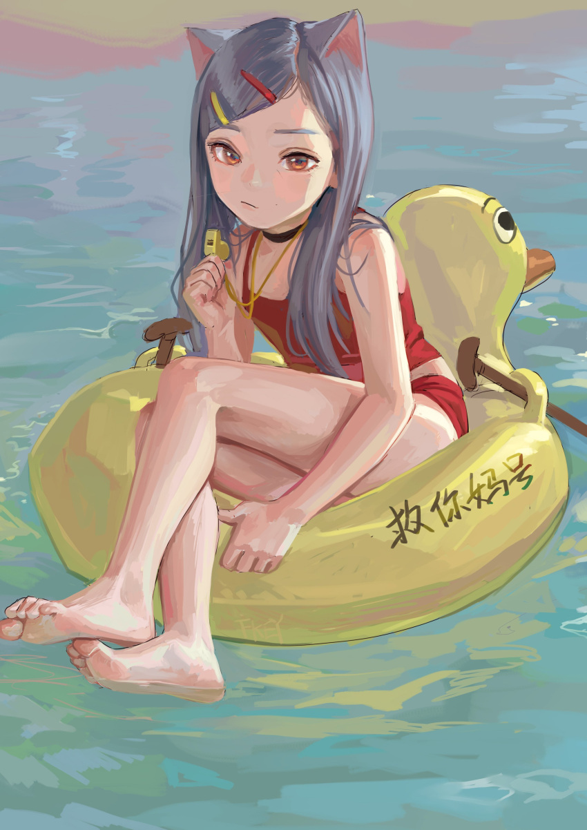 1girl, absurdres, afloat, animal_ears, bangs, barefoot, brown_eyes, cat_ears, choker, feet, feiqizi_(fkey), fkey, grey_hair, hair_ornament, hairclip, highres, innertube, long_hair, looking_at_viewer, original, parted_bangs, shorts, soles, solo, tank_top, toes, water, whistle
