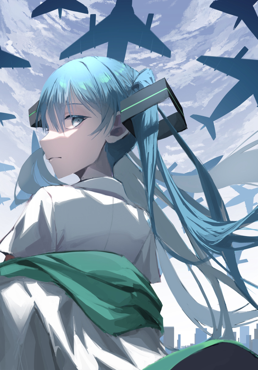 1girl, absurdres, aircraft, airplane, aqua_eyes, aqua_hair, bangs, closed_mouth