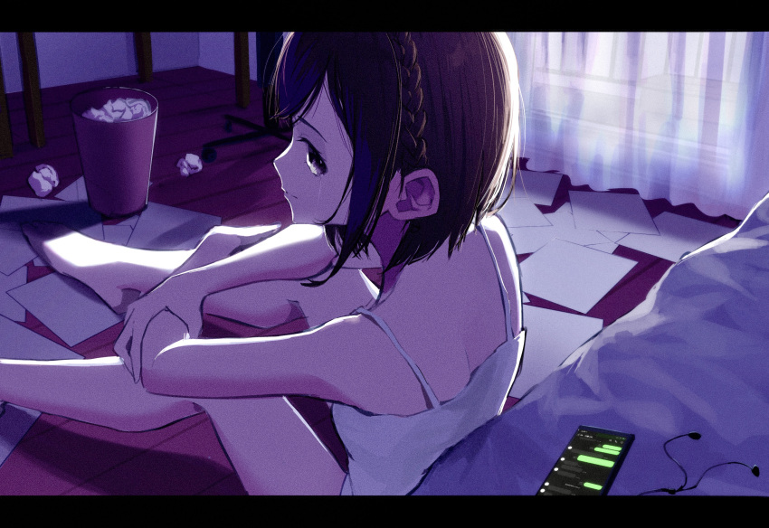 1girl, bangs, barefoot, bed, bedroom, black_eyes, black_hair, braid
