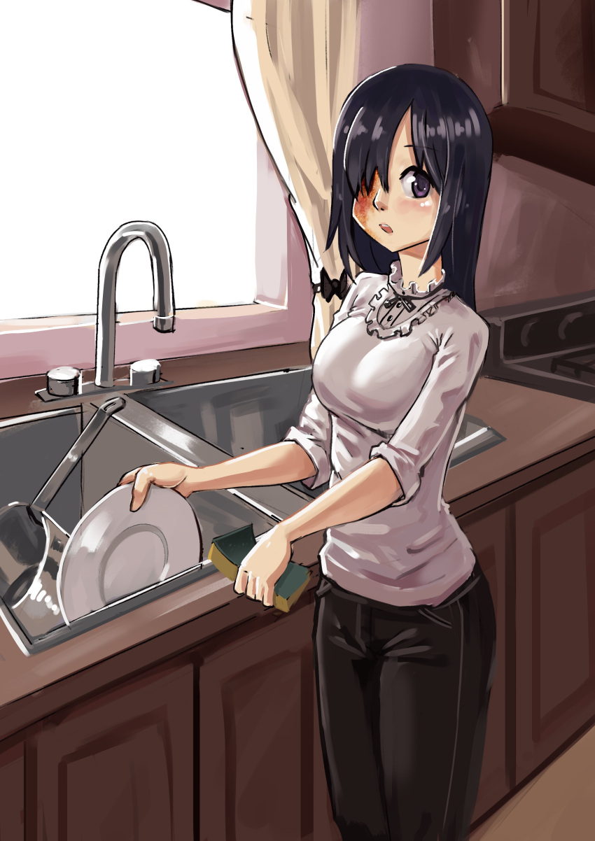1girl, absurdres, black_hair, black_pants, burn_scar, curtains, dishwashing, drawfag