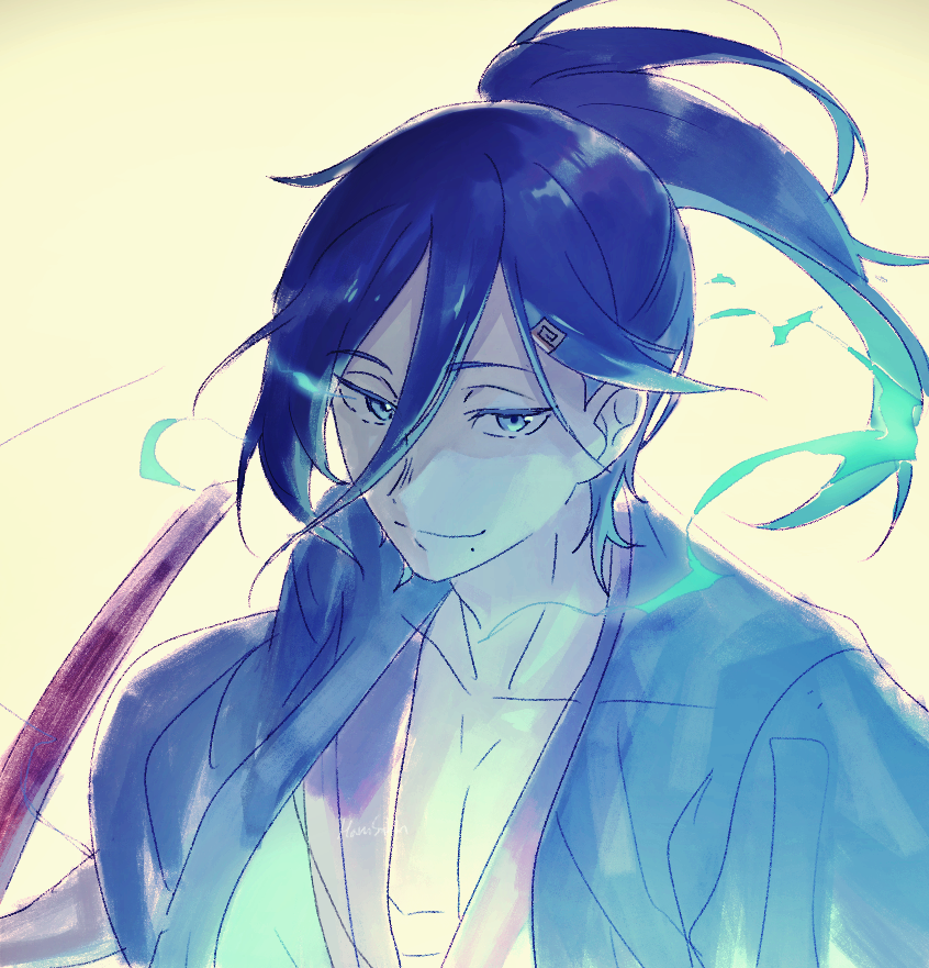 1boy, bangs, blue_eyes, cecilus_segmunt, dark_blue_hair, hair_between_eyes, hair_ornament, harusabin