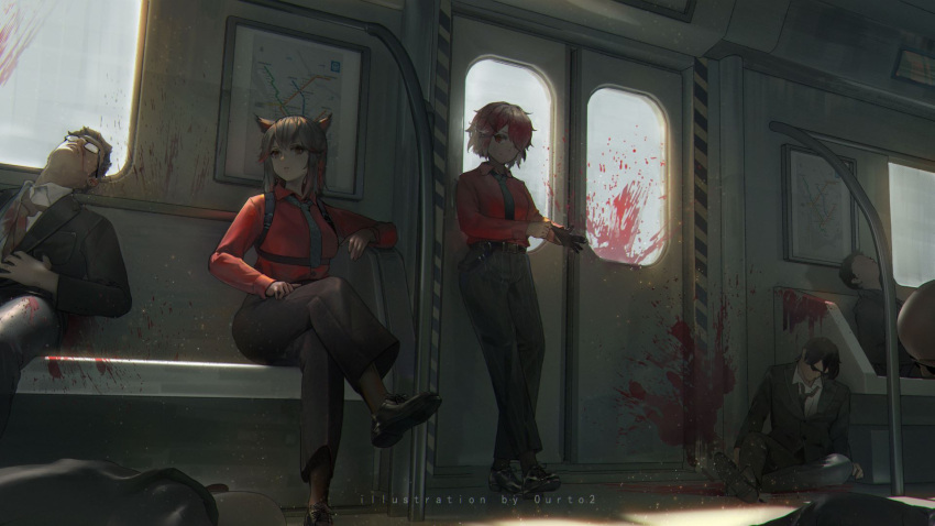 2girls, 4boys, animal_ears, arknights, bangs, black_gloves, black_hair, black_jacket