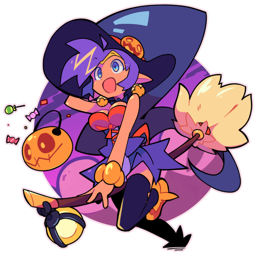 :d, absurdres, bacun, blue_eyes, breasts, broom, broom_riding, candy, earrings, english_commentary, food, halloween_bucket, halloween_costume, hat, highres, jewelry, large_breasts, open_mouth, pointy_ears, shantae, shantae_(series), smile, thigh-highs, transparent_background, violet_eyes, witch, witch_hat