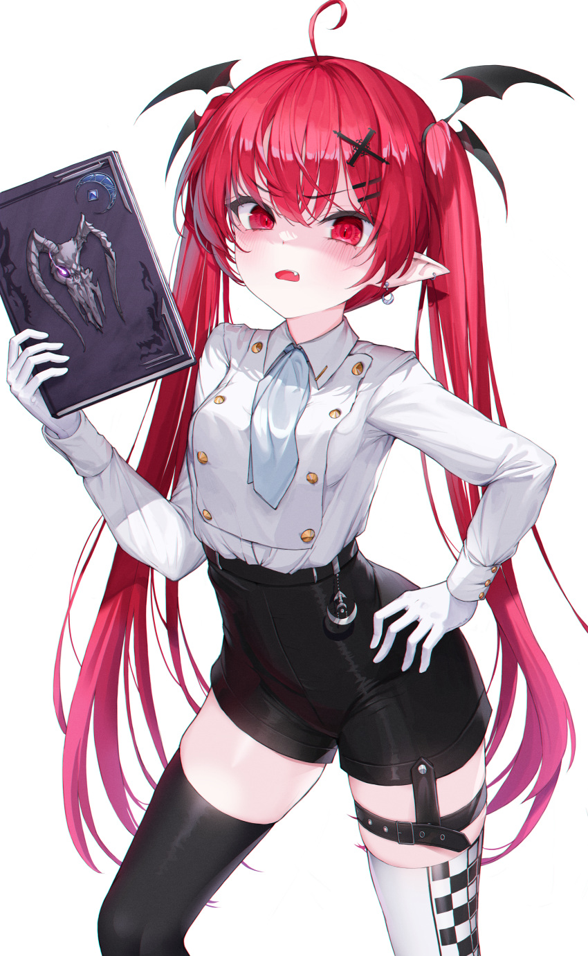 1girl, absurdres, ahoge, asymmetrical_legwear, bangs, black_legwear, black_shorts, blush