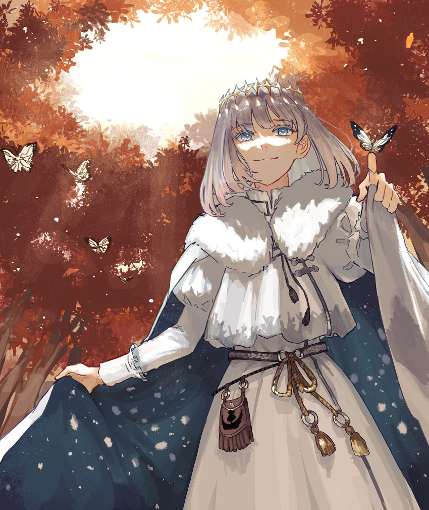 1boy, autumn, autumn_leaves, blue_eyes, cape, colored_eyelashes, diamond_hairband, eyebrows_visible_through_hair