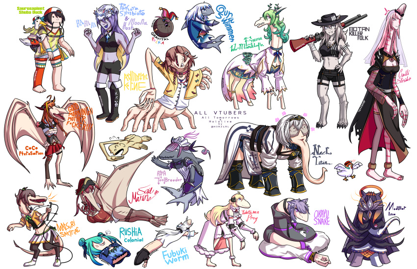 6+girls, absurdres, all_tomorrows, bangs, baseball_cap, bird, blonde_hair, blue_hair, bone_hair_ornament, brown_hair, ceres_fauna, chicken, choker, double_bun, dress, duck, gawr_gura, gun, h3rz4rl, hair_ornament, hairclip, hat, highres, holding, holding_gun, holding_weapon, hololive, hololive_english, hololive_indonesia, horns, houshou_marine, inugami_korone, jester_cap, kiryu_coco, long_hair, minato_aqua, monsterification, moona_hoshinova, mori_calliope, multiple_girls, natsuiro_matsuri, nekomata_okayu, ninomae_ina'nis, omaru_polka, oozora_subaru, orange_hair, pirate_hat, purple_hair, redhead, shark, sharp_teeth, sheep_horns, shirakami_fubuki, shirogane_noel, shishiro_botan, short_hair, shotgun, simple_background, snake, swept_bangs, tagme, teeth, thigh-highs, tsunomaki_watame, uruha_rushia, usada_pekora, virtual_youtuber, weapon, white_background, white_hair, wings