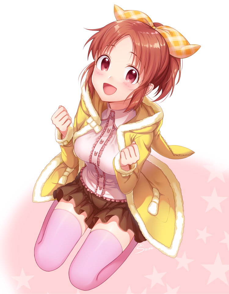 1girl, :d, abe_nana, blush, bow, brown_hair, coat, hair_bow