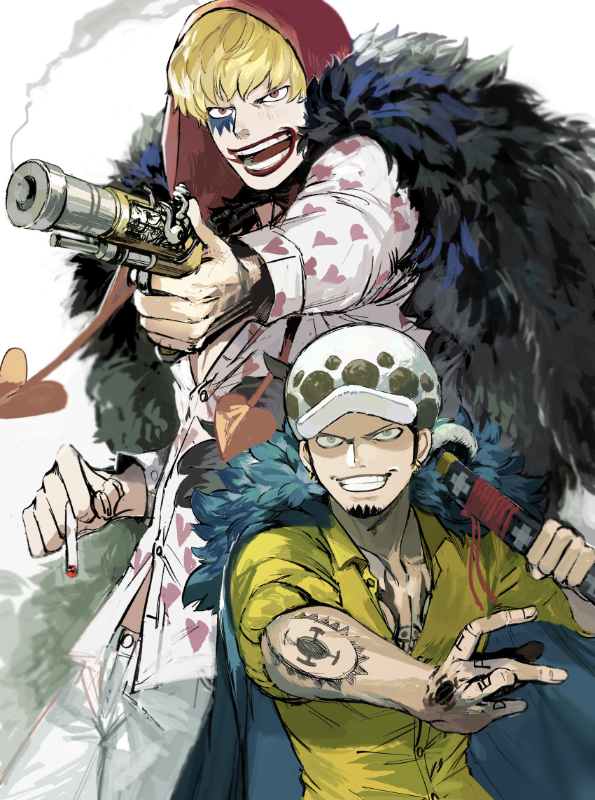 2boys, :o, absurdres, black_hair, blonde_hair, cigarette, donquixote_rocinante, fur_coat