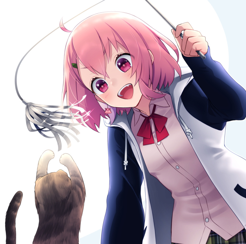 1girl, :d, ahoge, blush, bow, bowtie, cat, cat_teaser