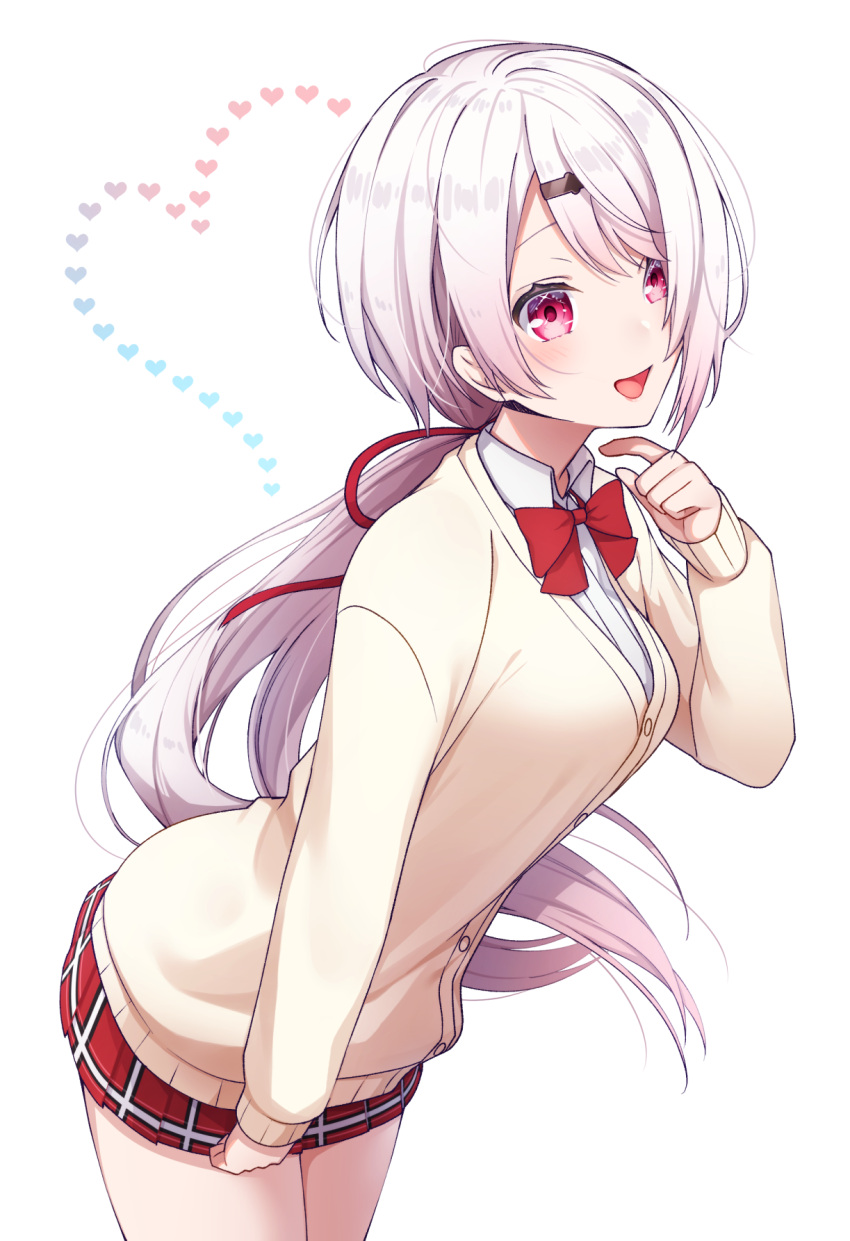 1girl, :d, collared_shirt, cowboy_shot, hair_ornament, hairclip, hand_up, highres
