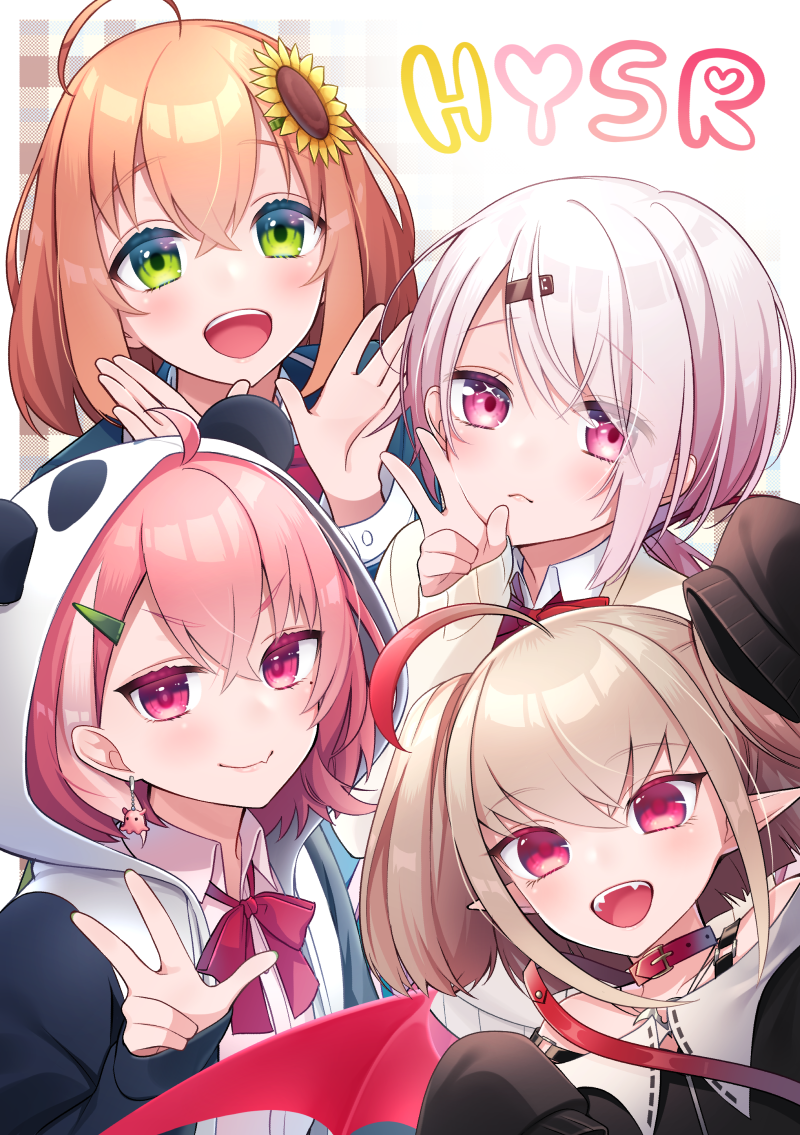4girls, :<, :d, ahoge, animal_hood, bangs, belt_collar, black_dress