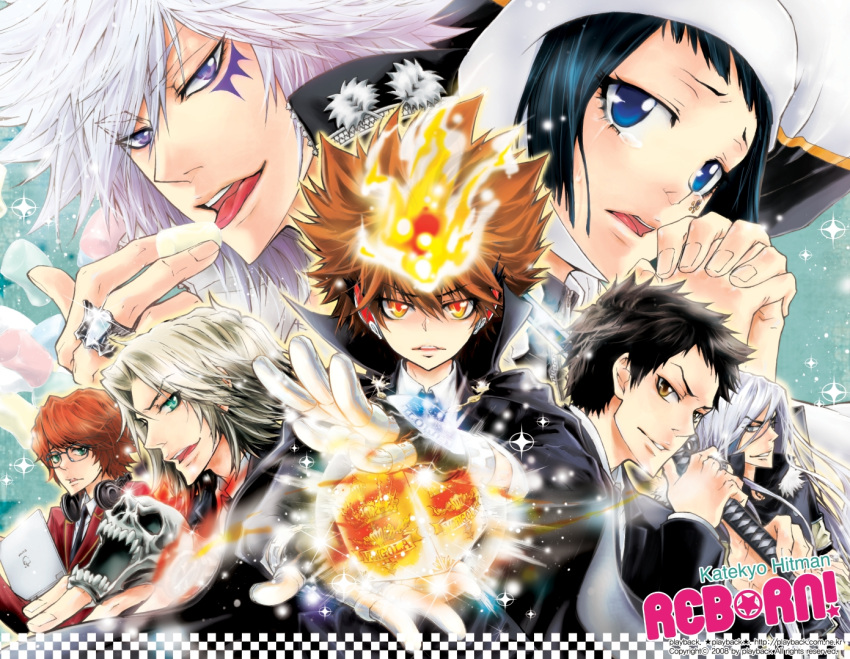 blue_eyes, brown_eyes, brown_hair, byakuran, candy, cape, crying, fire