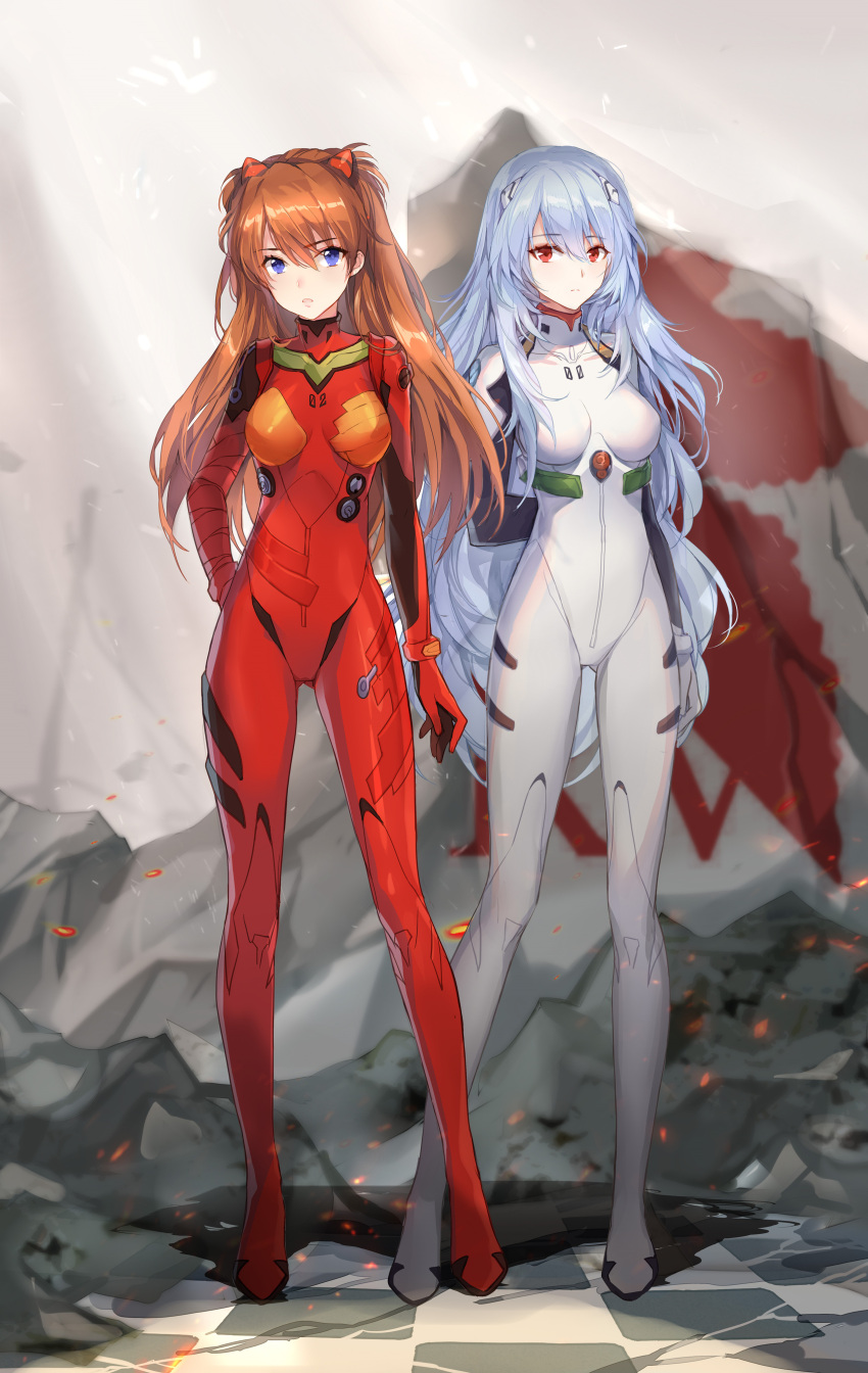 2girls, absurdres, ayanami_rei, blue_eyes, bodysuit, breasts, evangelion:_3.0+1.0_thrice_upon_a_time, full_body