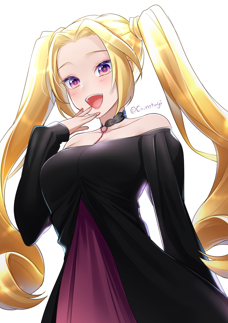 1girl, :d, black_choker, black_dress, blonde_hair, choker, covering_mouth, dress