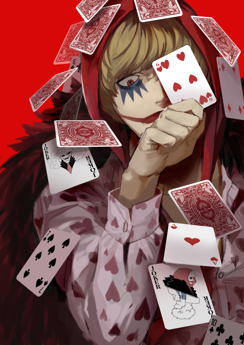 1boy, absurdres, blonde_hair, card, donquixote_doflamingo, donquixote_rocinante, fur_coat, hat, heart, heart_card, highres, joker_(card), makeup, male_focus, one_eye_covered, one_piece, playing_card, red_background, santa65, short_hair, solo