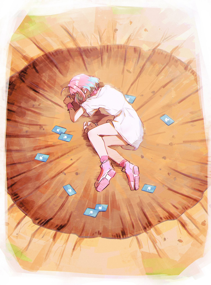 1girl, ahoge, black_footwear, blue_hair, crater, dragon_ball, dragon_ball_z, full_body, gift_card, hamachamu, highres, idolmaster, idolmaster_cinderella_girls, itunes_card, multicolored_hair, parody, pink_hair, shirt, shoes, short_hair, solo, t-shirt, two-tone_hair, white_shirt, yamcha_pose, yumemi_riamu