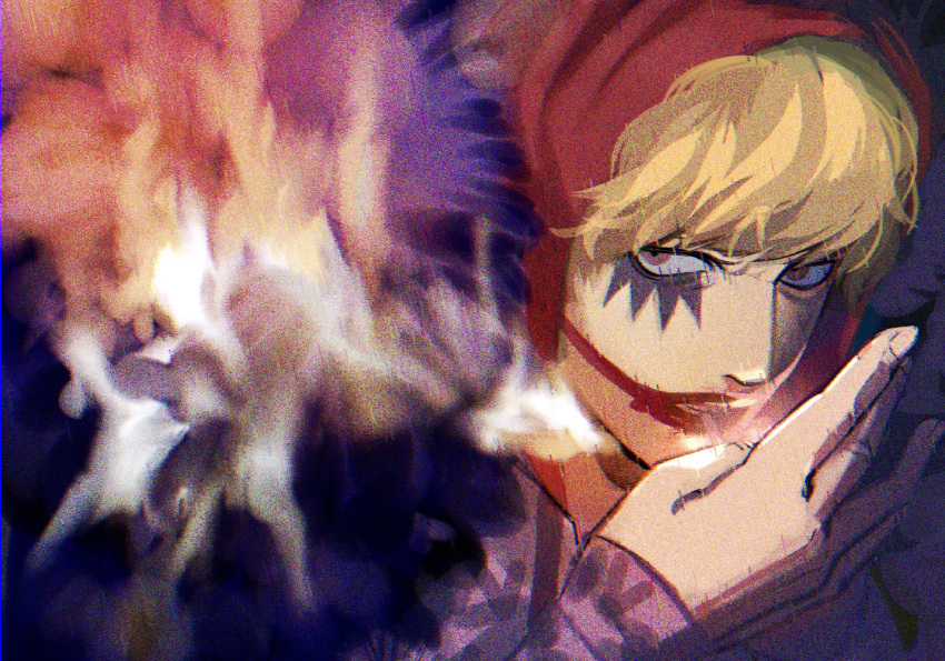 1boy, blonde_hair, brown_eyes, burnt_clothes, cigarette, curly_hair, donquixote_rocinante, fire