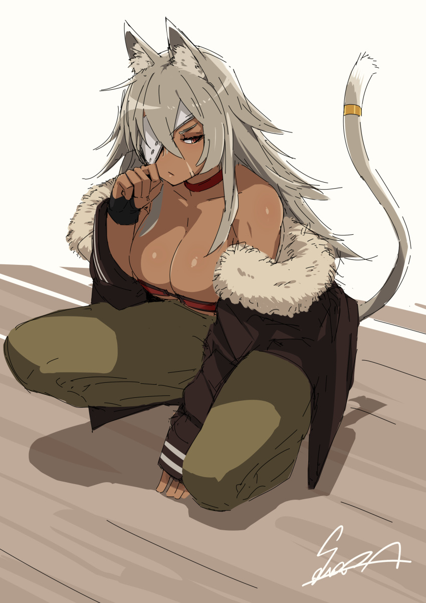 1girl, absurdres, animal_ear_fluff, animal_ears, bandeau, bangs, bare_shoulders, black_gloves