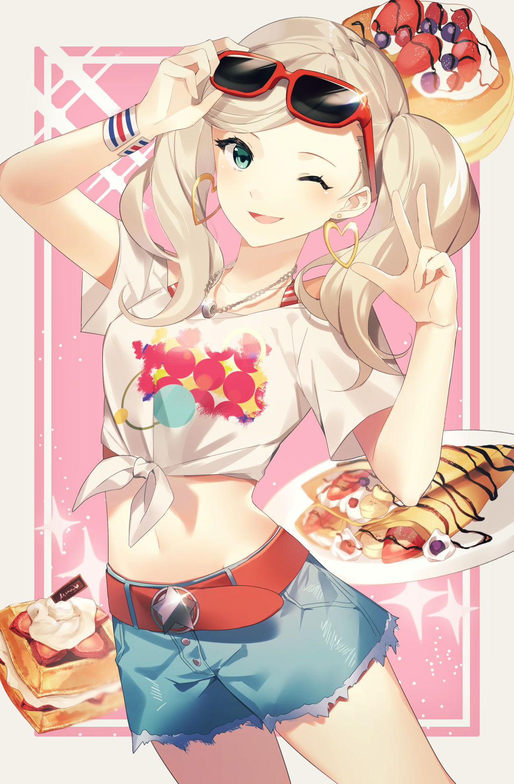1girl, ;d, aqua_eyes, arm_up, bangs, belt, belt_buckle, blue_shorts