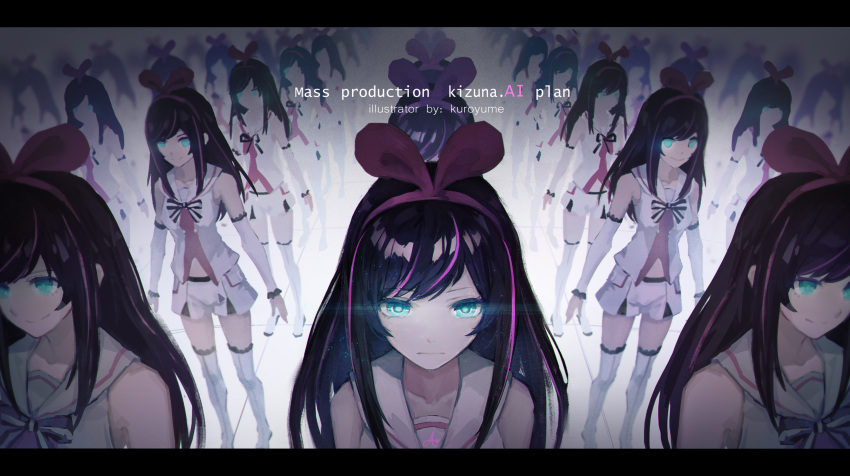 6+girls, blue_eyes, bow, bow_hairband, clone, closed_mouth, detached_sleeves, glowing