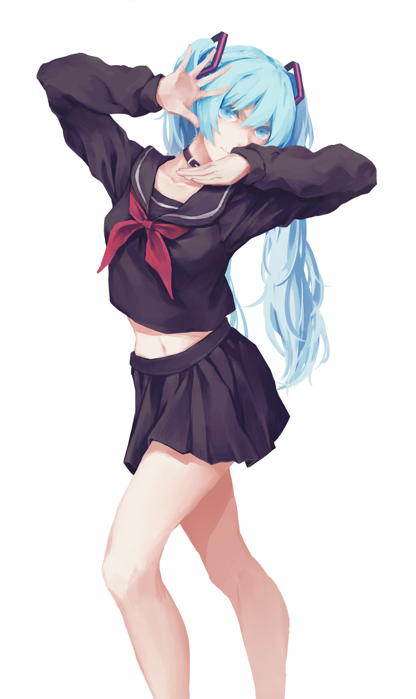 absurdres, belt_collar, black_sailor_collar, black_shirt, black_skirt, blue_eyes, blue_hair, closed_mouth, collar, feet_out_of_frame, hatsune_miku, highres, jojo_no_kimyou_na_bouken, kuroyume_(96061617), long_hair, long_sleeves, looking_at_viewer, midriff, miniskirt, navel, neckerchief, pleated_skirt, pose, red_neckwear, sailor_collar, school_uniform, serafuku, shirt, simple_background, skirt, smile, twintails, vocaloid, white_background