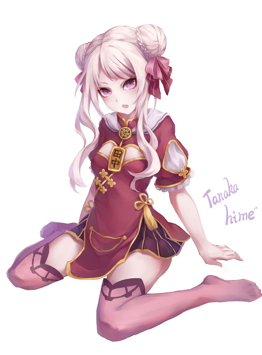 1girl, bow, braid, braided_bun, character_name, double_bun, dress, fang