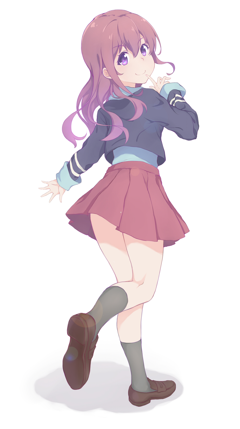 1girl, brown_footwear, brown_hair, closed_mouth, from_behind, full_body, girlish_number, grey_legwear