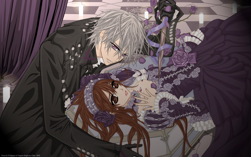 brown_eyes, brown_hair, grey_hair, kiryu_zero, knife, vampire_knight, yuuki_cross