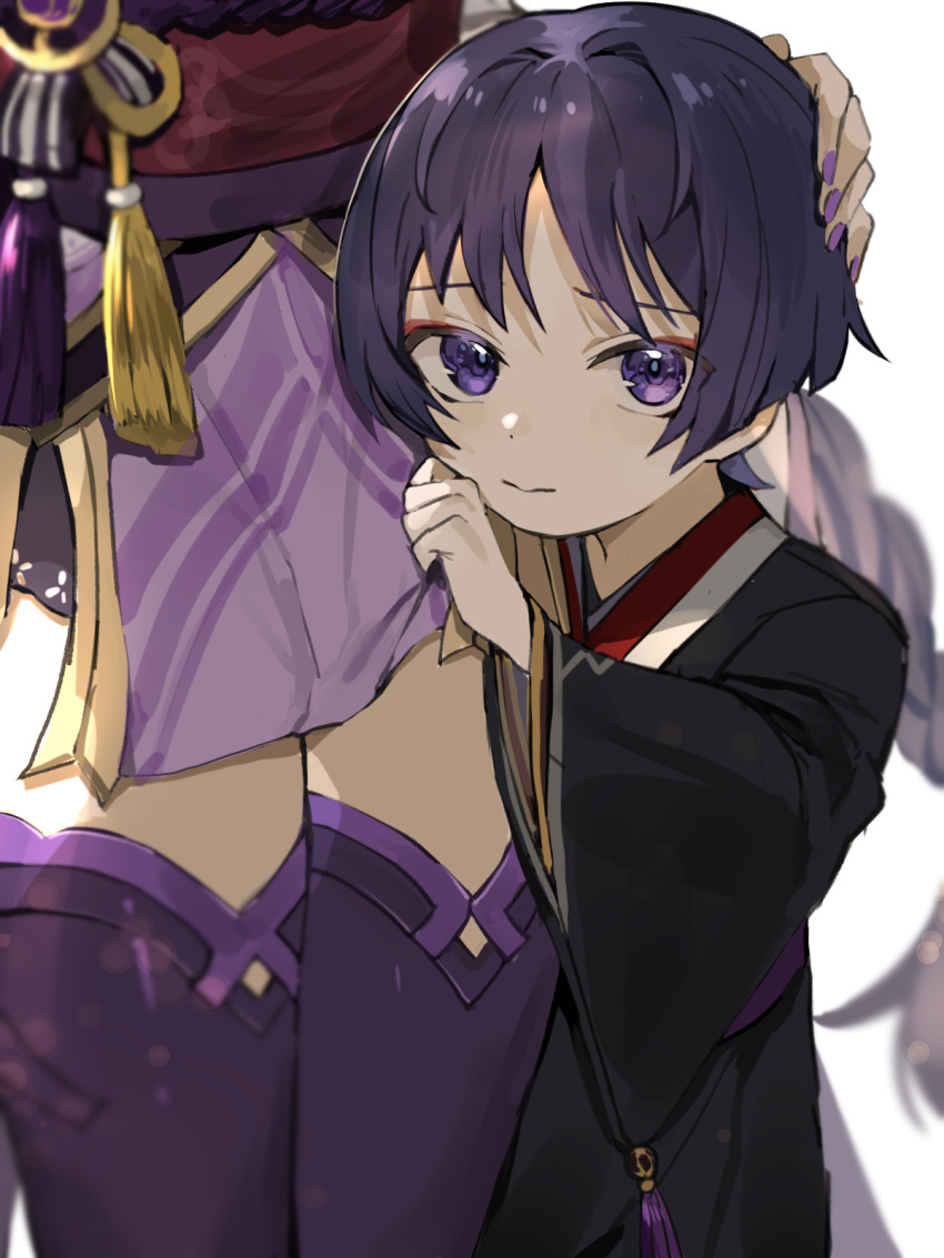 1boy, 1girl, blue_eyes, blue_hair, child, genshin_impact, gyoju_(only_arme_nim), highres, long_sleeves, lower_body, nail_polish, purple_nails, raiden_shogun, scaramouche_(genshin_impact), shy, thigh-highs, thighs, wide_sleeves, younger