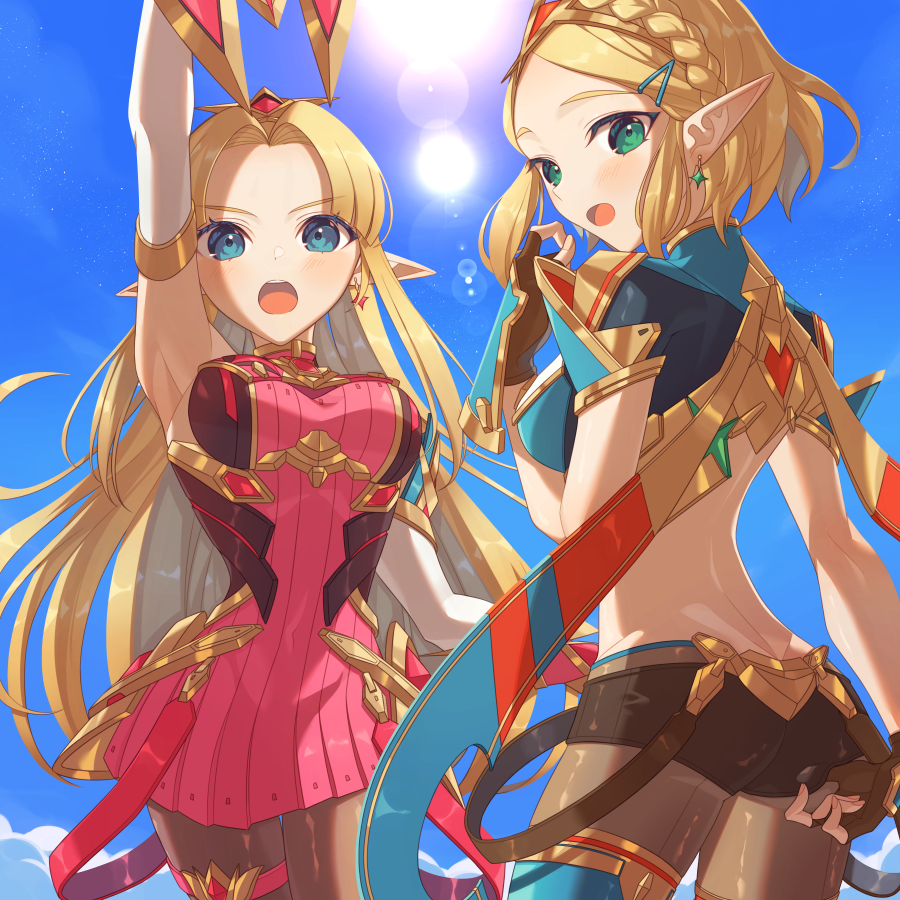 2girls, adjusting_clothes, aegis_sword_(xenoblade), armor, ass, bangs, bare_shoulders, bitikara, black_gloves, blonde_hair, blush, breasts, cosplay, fingerless_gloves, gloves, headpiece, jewelry, large_breasts, long_hair, looking_at_viewer, multiple_girls, mythra_(massive_melee)_(xenoblade), mythra_(xenoblade), mythra_(xenoblade)_(cosplay), open_mouth, pantyhose, pointy_ears, princess_zelda, pyra_(xenoblade), pyra_(xenoblade)_(cosplay), short_hair, short_shorts, shorts, simple_background, super_smash_bros., swept_bangs, the_legend_of_zelda, the_legend_of_zelda:_a_link_between_worlds, the_legend_of_zelda:_breath_of_the_wild, the_legend_of_zelda:_breath_of_the_wild_2, thigh_strap, tiara, very_long_hair, xenoblade_chronicles_(series), xenoblade_chronicles_2, yellow_eyes