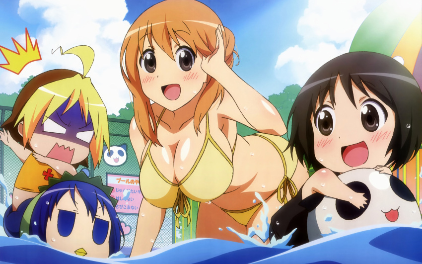 anzu, bikini, blonde_hair, blue_eyes, blue_hair, blush, breasts, brown_eyes