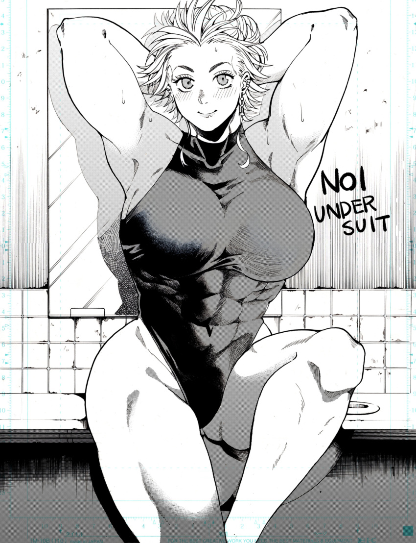 1girl, abs, absurdres, bangs, bare_shoulders, black_leotard, blush, bodysuit, breasts, dorohedoro, earrings, highres, jewelry, large_breasts, leotard, long_hair, looking_at_viewer, monochrome, muscular, muscular_female, noi_(dorohedoro), short_hair, simple_background, skin_tight, smile, solo, white_hair, youto