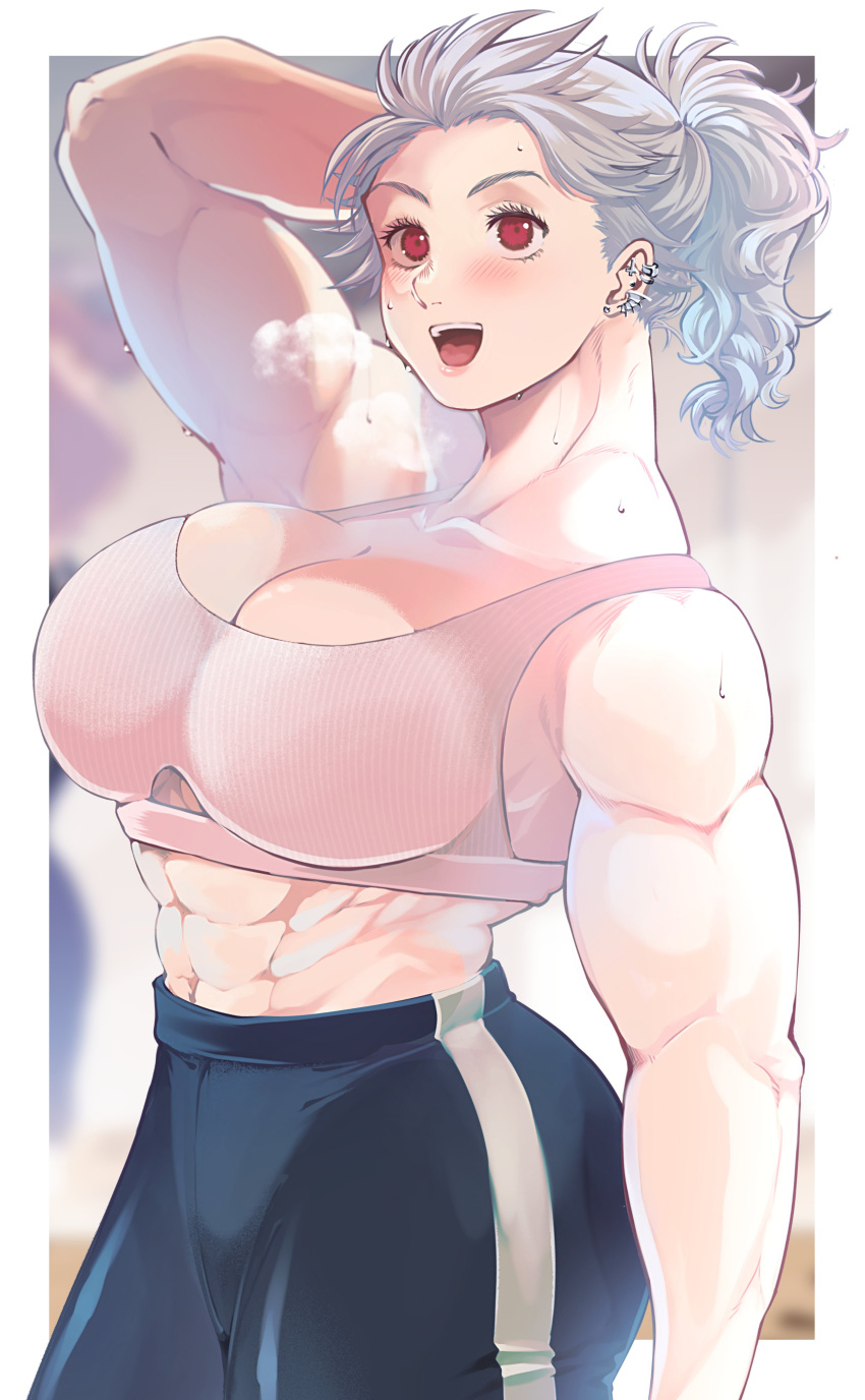 1girl, abs, absurdres, bangs, blush, breasts, dorohedoro, earrings, formal, highres, jewelry, large_breasts, long_hair, looking_at_viewer, muscular, muscular_female, navel, noi_(dorohedoro), open_mouth, ponytail, red_eyes, simple_background, smile, solo, sports_bra, white_hair, youto